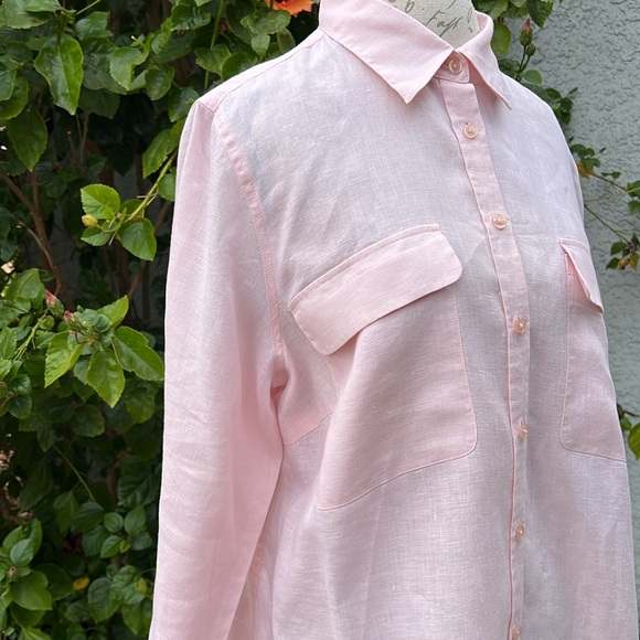 Go Silk 100% Linen Pastel Pink Button Down Blouse Shirt Top Womens XL Pocket Tee - Picture 2 of 8